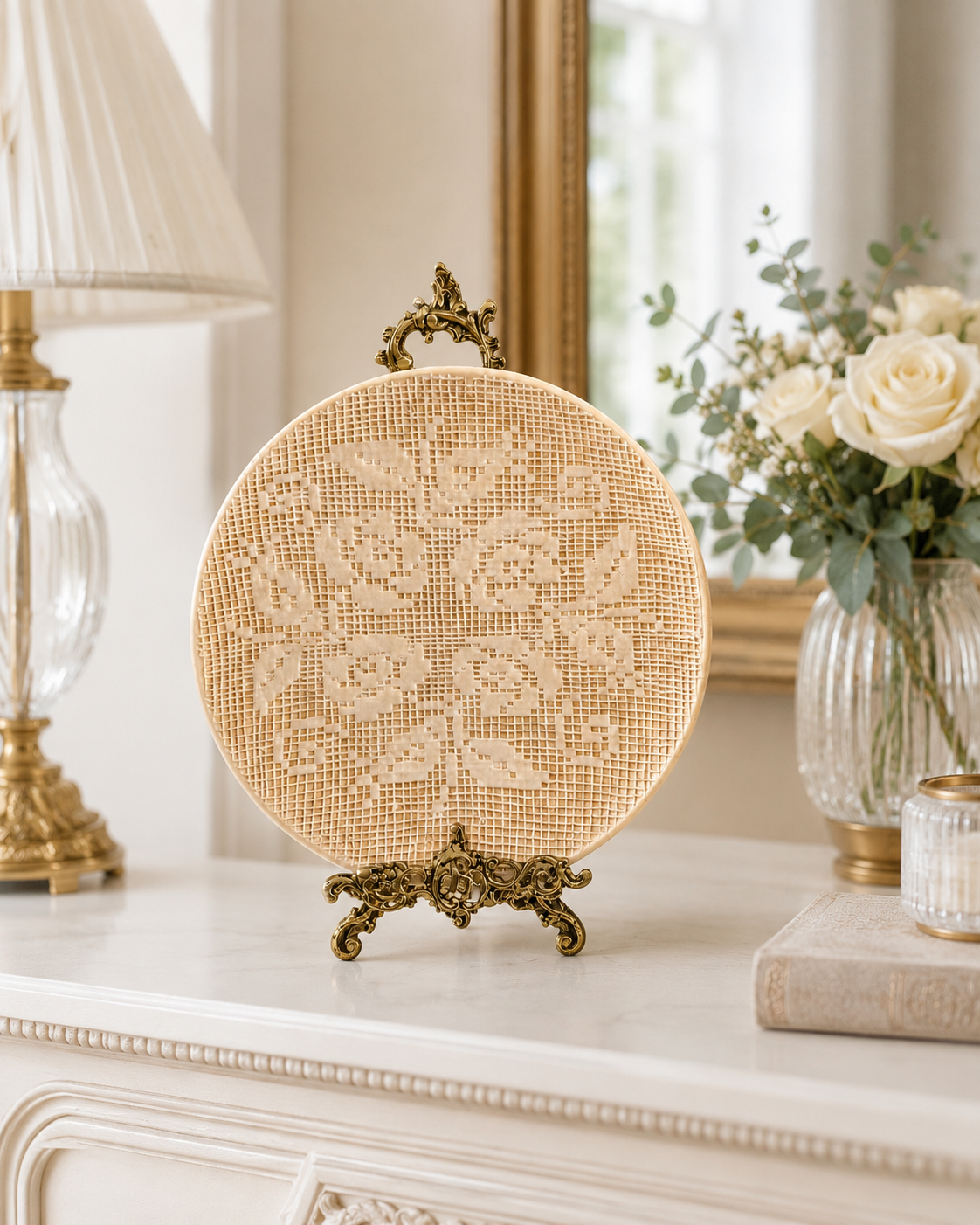 Dantel Dokulu Gül Motifli Dekoratif Çini Tabak – 30 cm