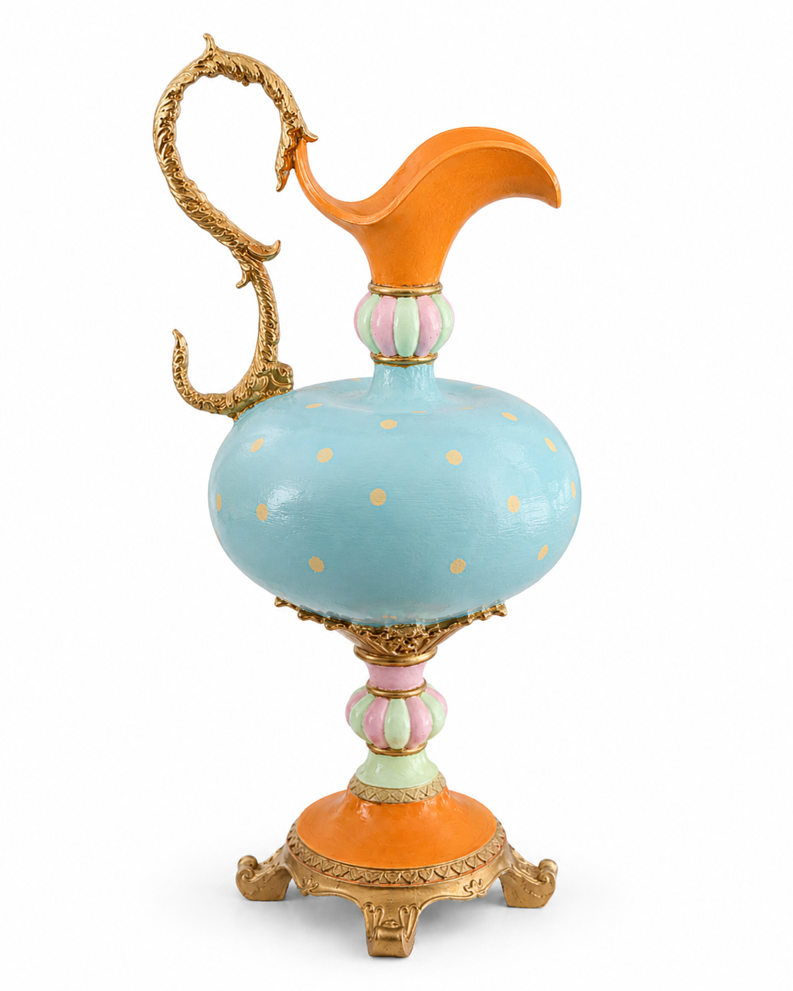 Pastel Turkuaz Altın Detaylı Dekoratif Polyester Vazo – 45 cm