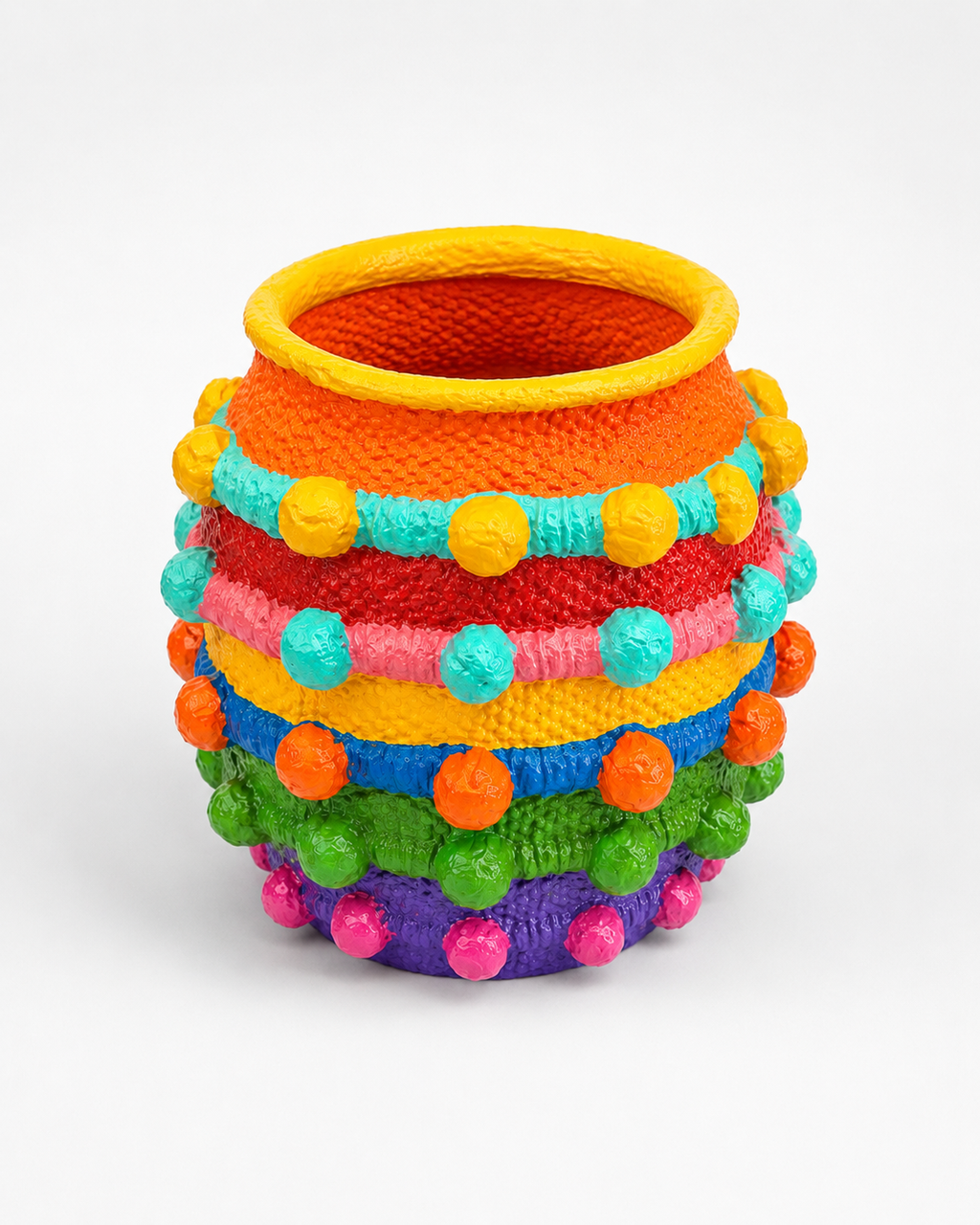Renkli Ponpon Detaylı Dekoratif Polyester Vazo – 21x20 cm