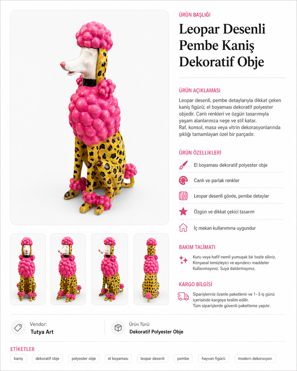 Leopar Desenli Pembe Fino Köpek Dekoratif Polyester Obje
