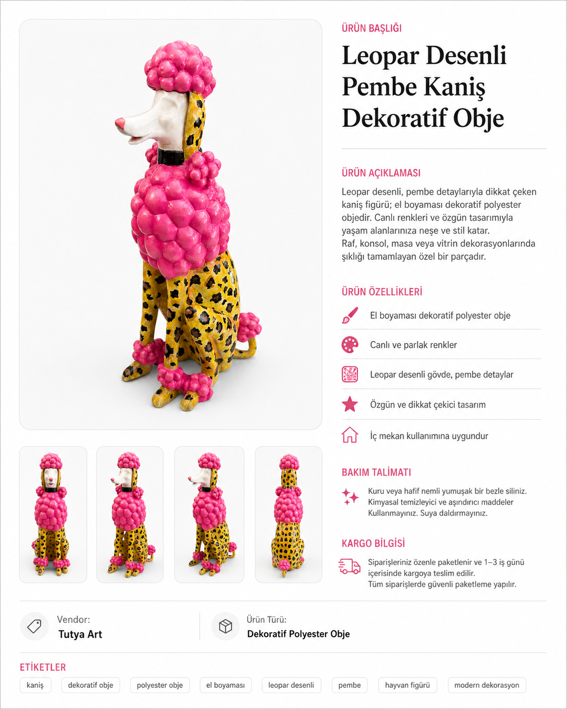 Leopar Desenli Pembe Fino Köpek Dekoratif Polyester Obje