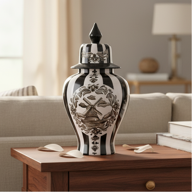 El Boyaması Siyah Beyaz Çini Vazo – Rüzgar Değirmeni Motifli Dekoratif Kapaklı Vazo