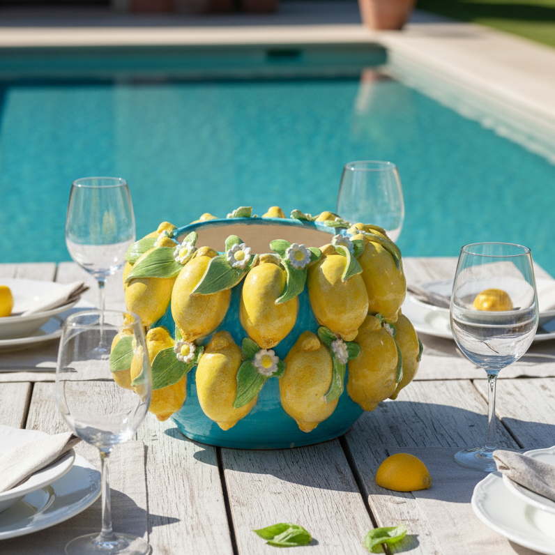 El Yapımı Limon ve Çiçek Motifli Seramik Kase / Derin Saksı – Akdeniz Temalı Dekor