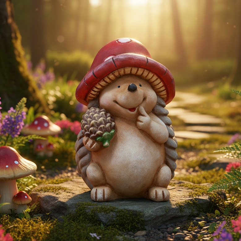 Mantar Şapkalı Sevimli Kirpi Bahçe Dekoru – Polyester Kozalaklı Kirpi Figürü