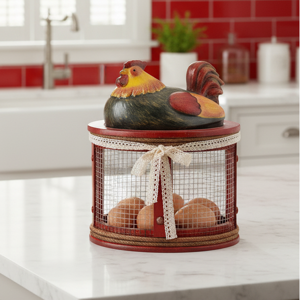 Horoz Figürlü Dekoratif Yumurta Sepeti – Rustik Mutfak Yumurtalık