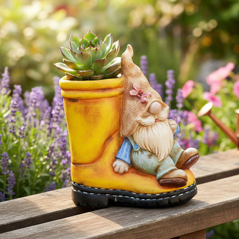 Neşeli Bahçe Cücesi (Gnome) Figürlü Dekoratif Çizme Saksı