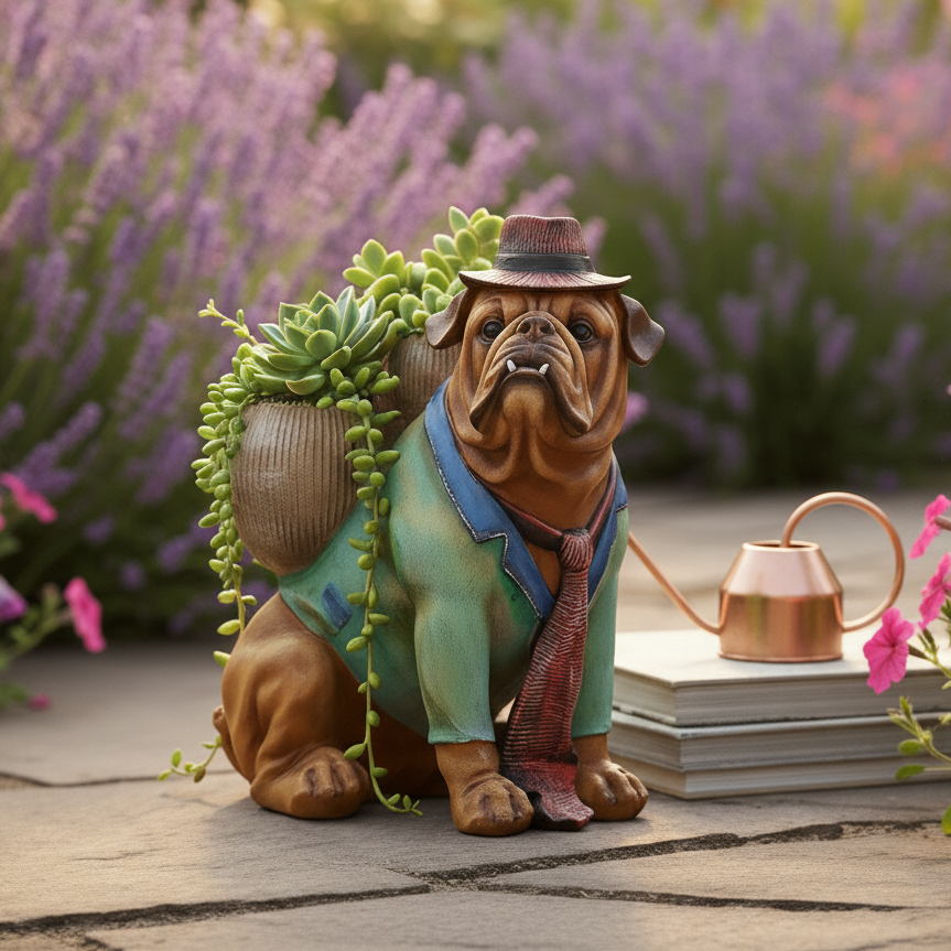 Şapkalı Köpek Figürlü Çift Sırt Saksısı – Dekoratif Polyester Bulldog/Pug