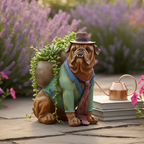 Şapkalı Köpek Figürlü Çift Sırt Saksısı – Dekoratif Polyester Bulldog/Pug