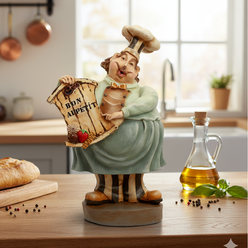 Bon Appétit Yazılı Şef Figürü – Dekoratif Polyester Aşçı Heykeli