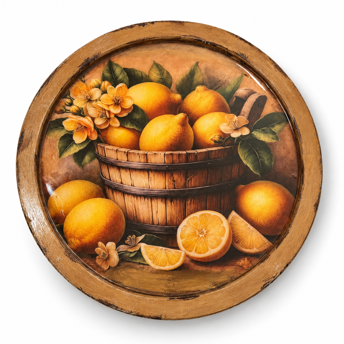 Ahşap Sıvı Cam Kaplama Yuvarlak Tepsi - Limon 32 cm