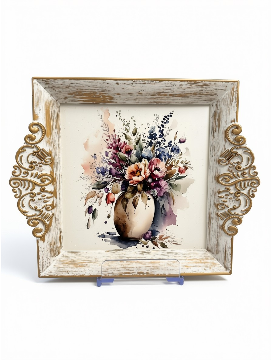 Ahşap Sunum Tabağı - Renkli Çiçek 20x25 cm