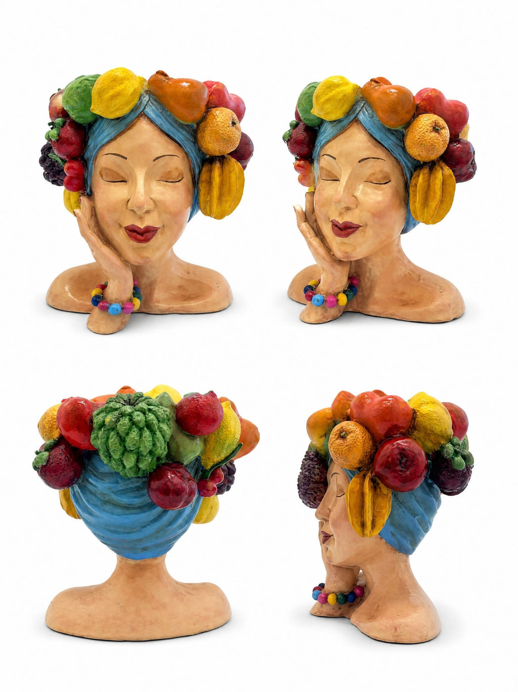 El Boyaması Polyester Meyve Taçlı Kadın Büstü Saksı 30x25 cm