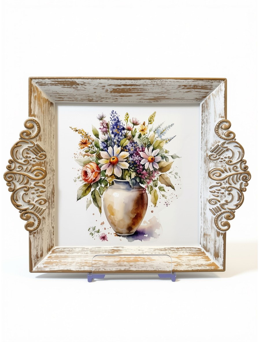 Ahşap Sunum Tabağı - Mor Çiçek 20x25 cm