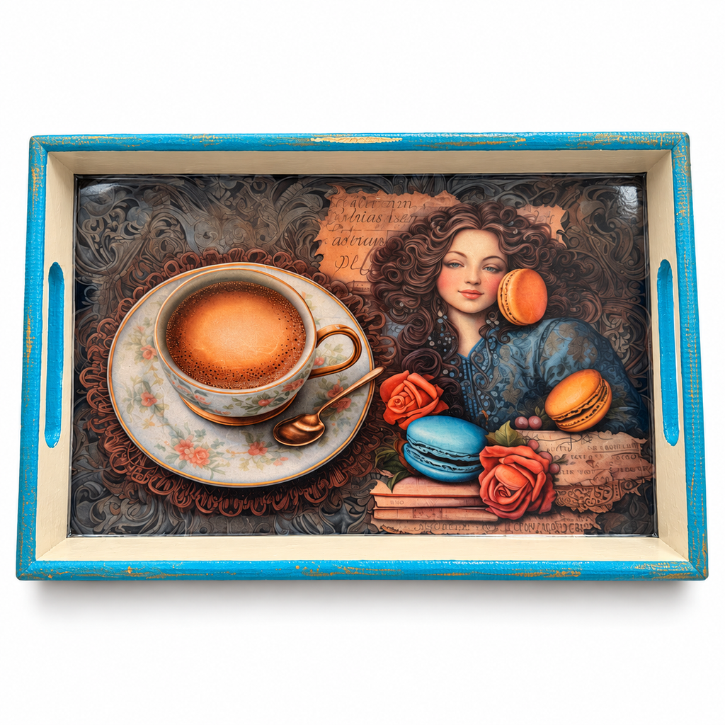 Turkuaz Çerçeveli Vintage Ahşap Servis Tepsisi - Kahve & Makaron 30x40 cm