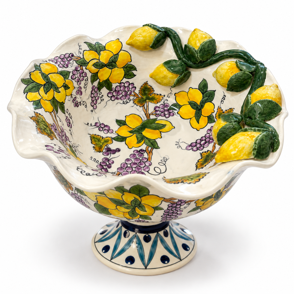 El Boyaması Çini Ayaklı Meyvelik - Limon & Üzüm Desenli 32 cm