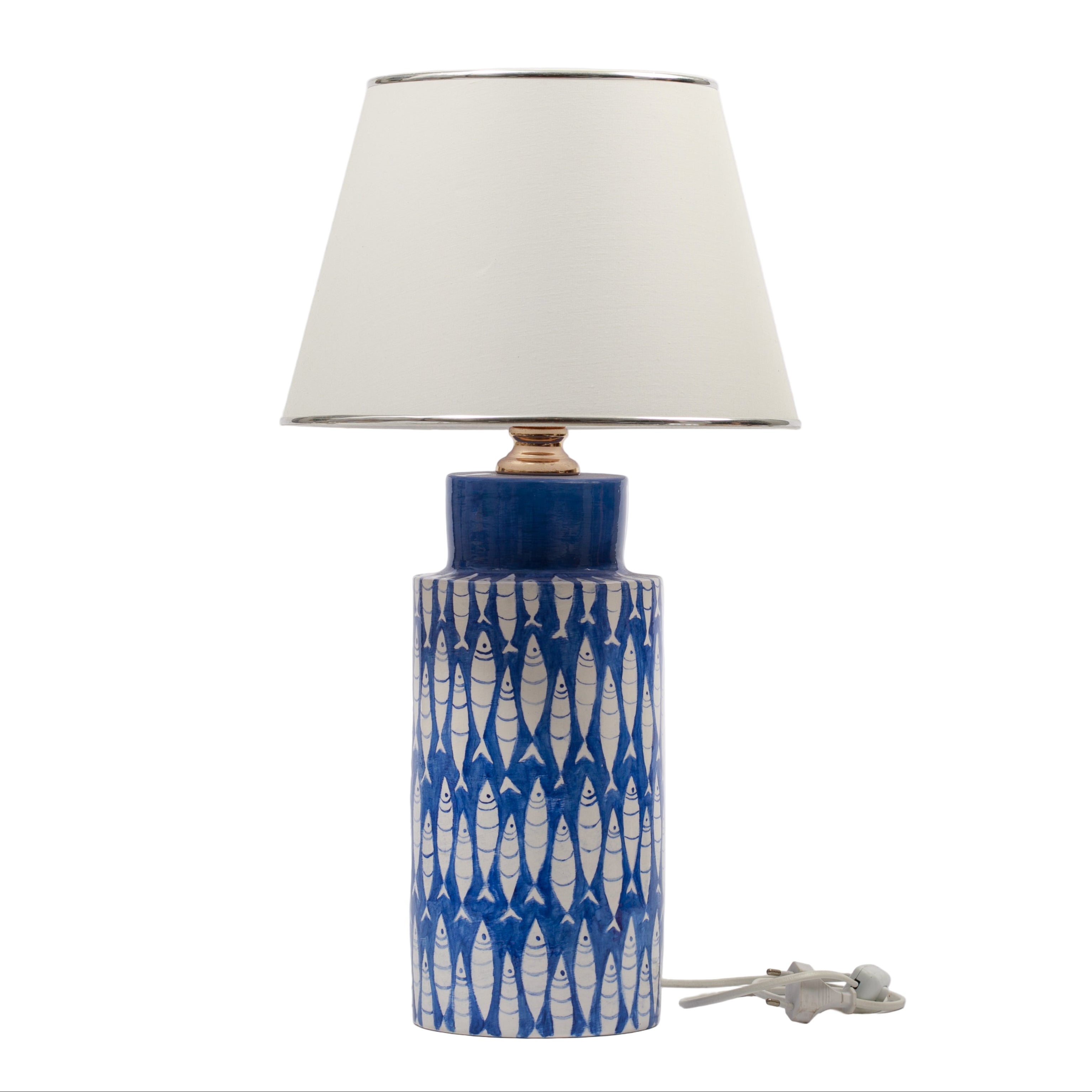El Yapımı Mavi Balık Desenli Seramik Abajur – Akdeniz Temalı Masa Lambası