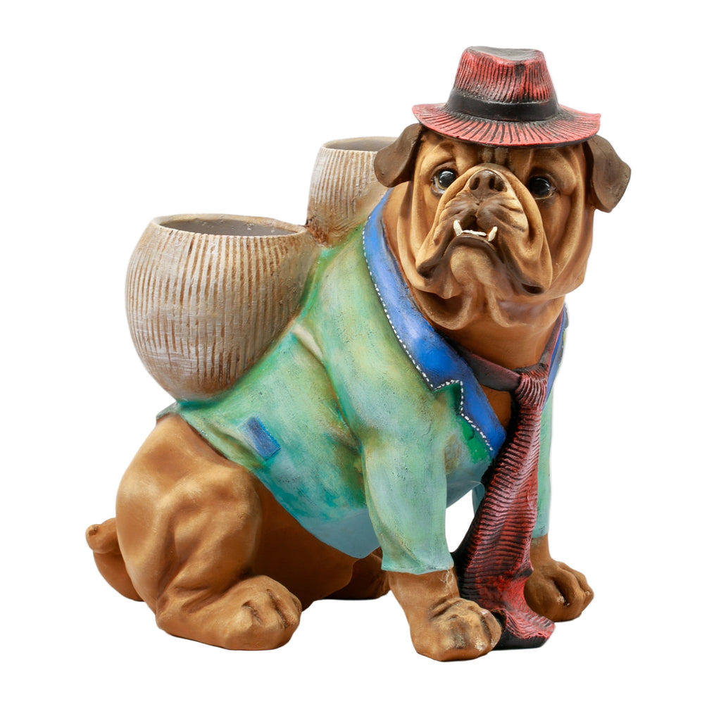 Şapkalı Köpek Figürlü Çift Sırt Saksısı – Dekoratif Polyester Bulldog/Pug
