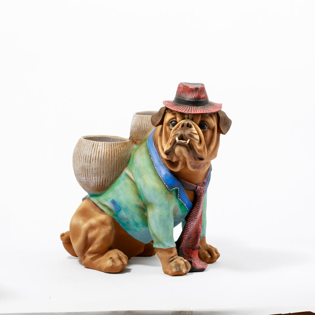 Şapkalı ve Kravatlı Bulldog Figürlü Çift Hazneli Dekoratif Saksı