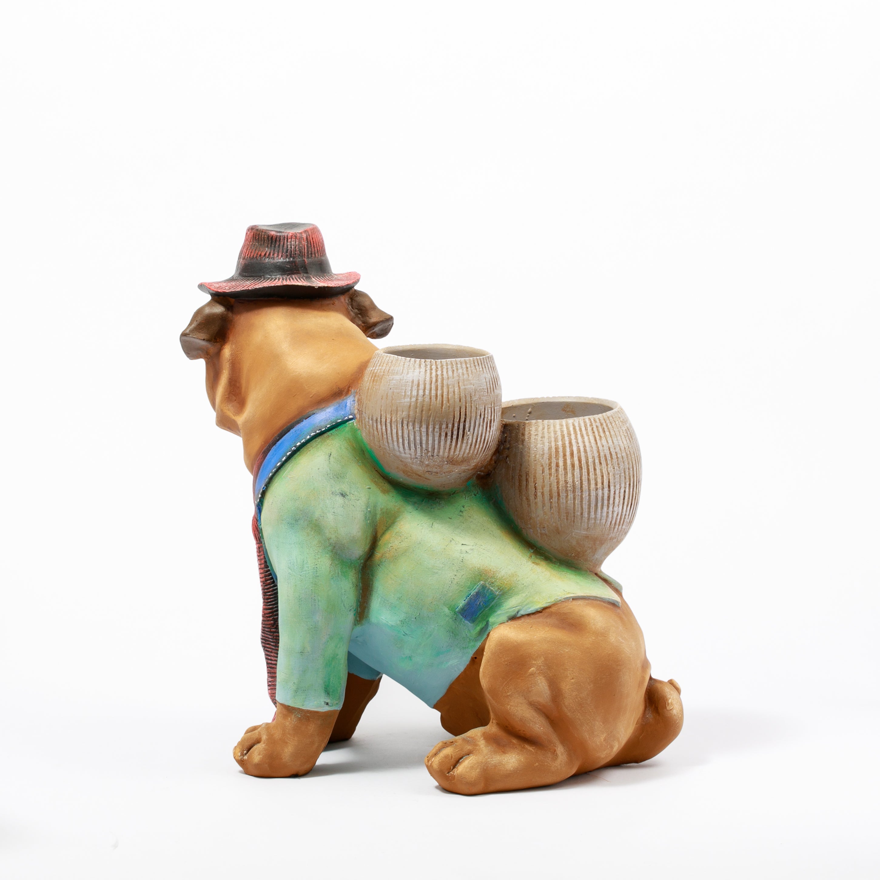 Şapkalı Köpek Figürlü Çift Sırt Saksısı – Dekoratif Polyester Bulldog/Pug