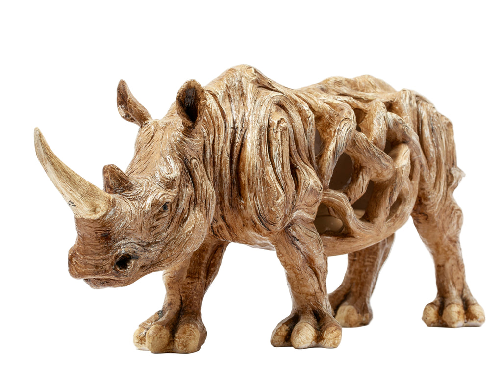 Ahşap Görünümlü Oyma Desenli Gergedan Heykeli – Dekoratif Polyester Obje