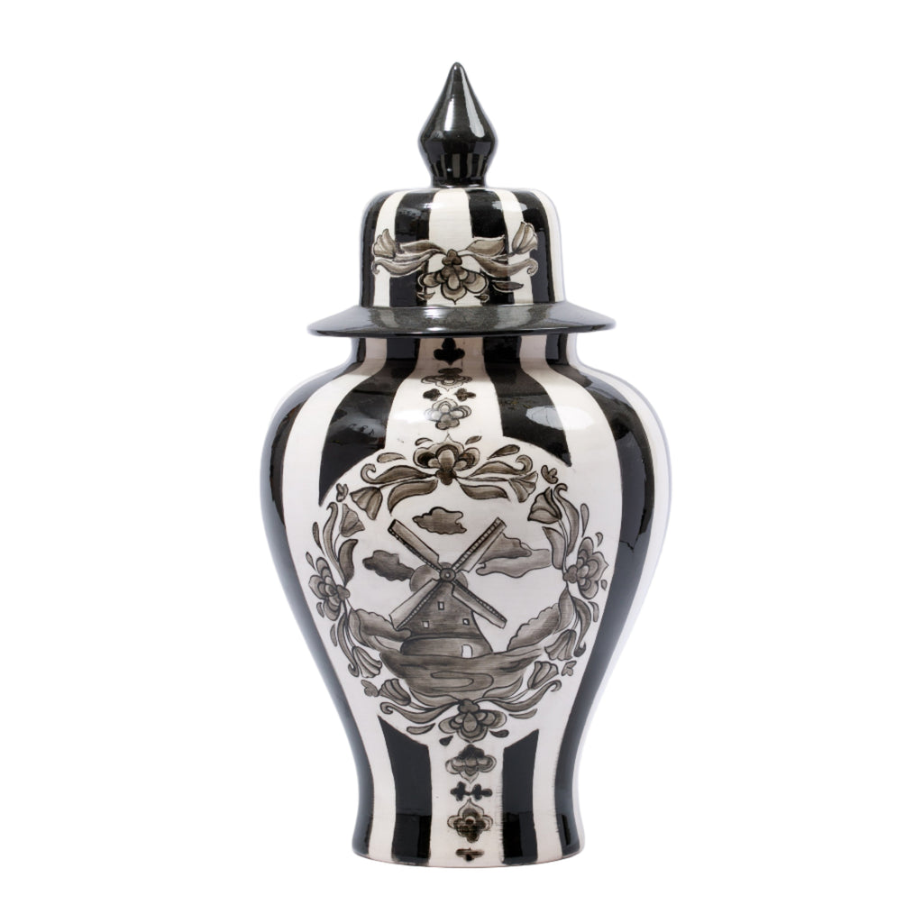 El Boyaması Siyah Beyaz Çini Vazo – Rüzgar Değirmeni Motifli Dekoratif Kapaklı Vazo