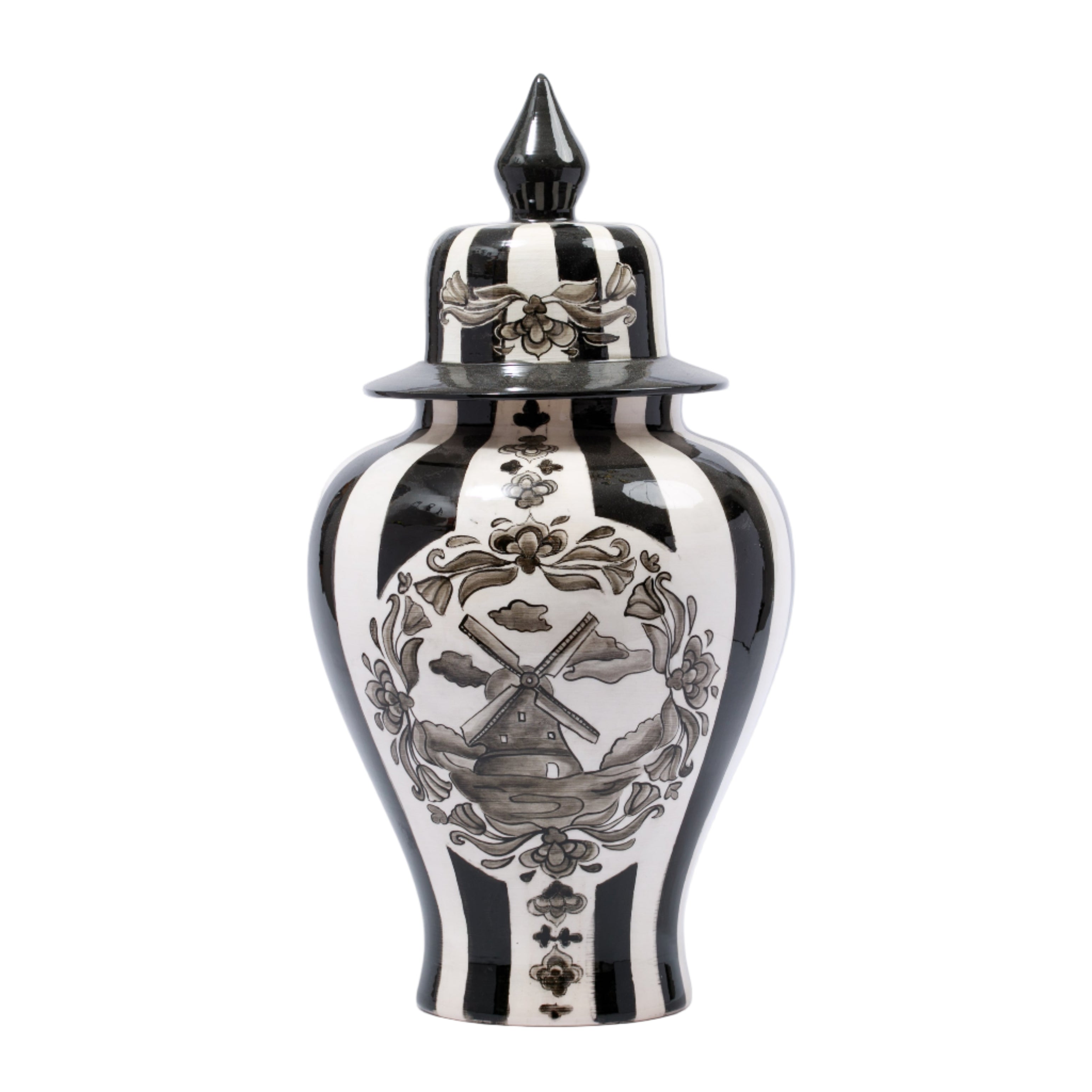 El Boyaması Siyah Beyaz Çini Vazo – Rüzgar Değirmeni Motifli Dekoratif Kapaklı Vazo