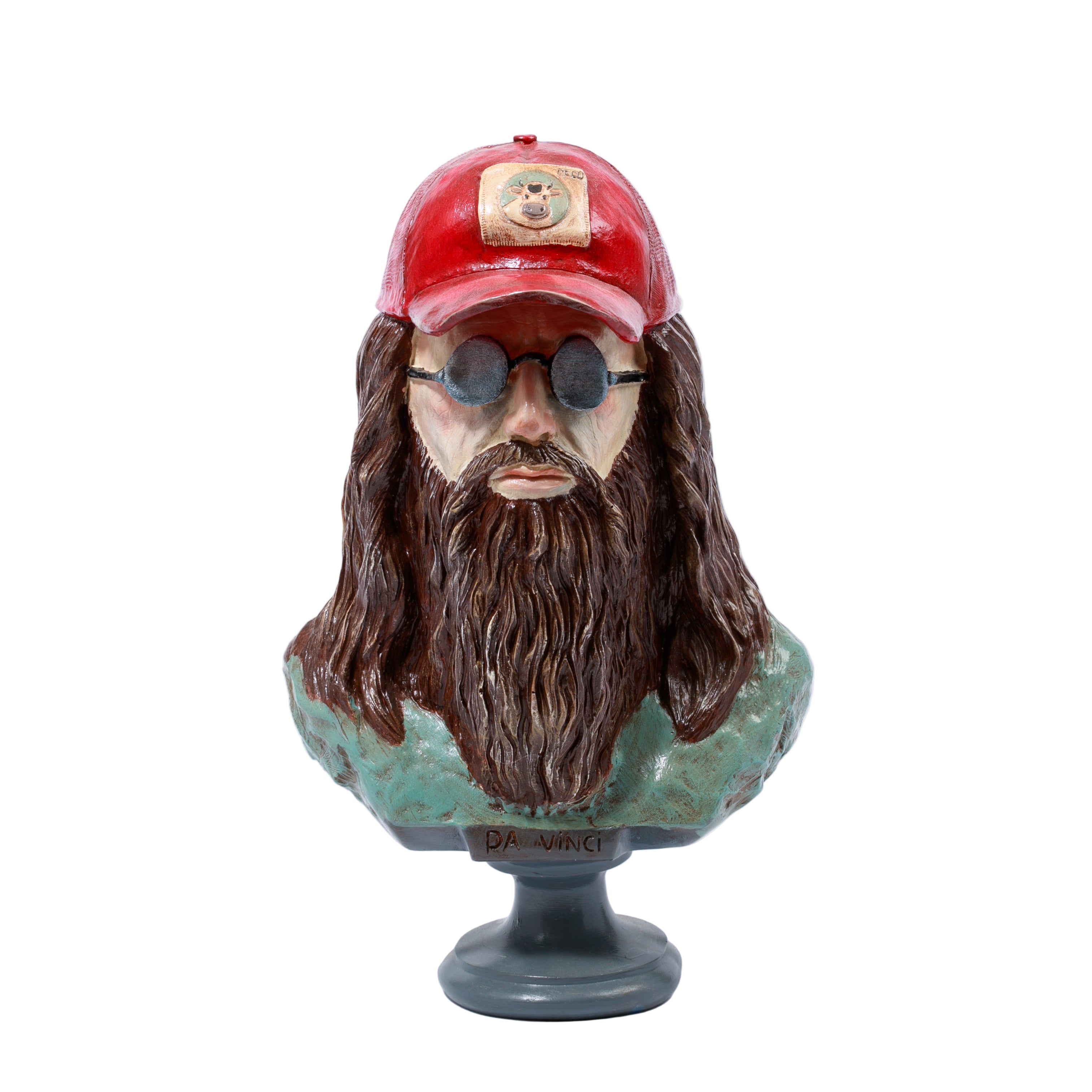 Modern Da Vinci Büstü – Kırmızı Şapkalı ve Gözlüklü Pop Art Heykel