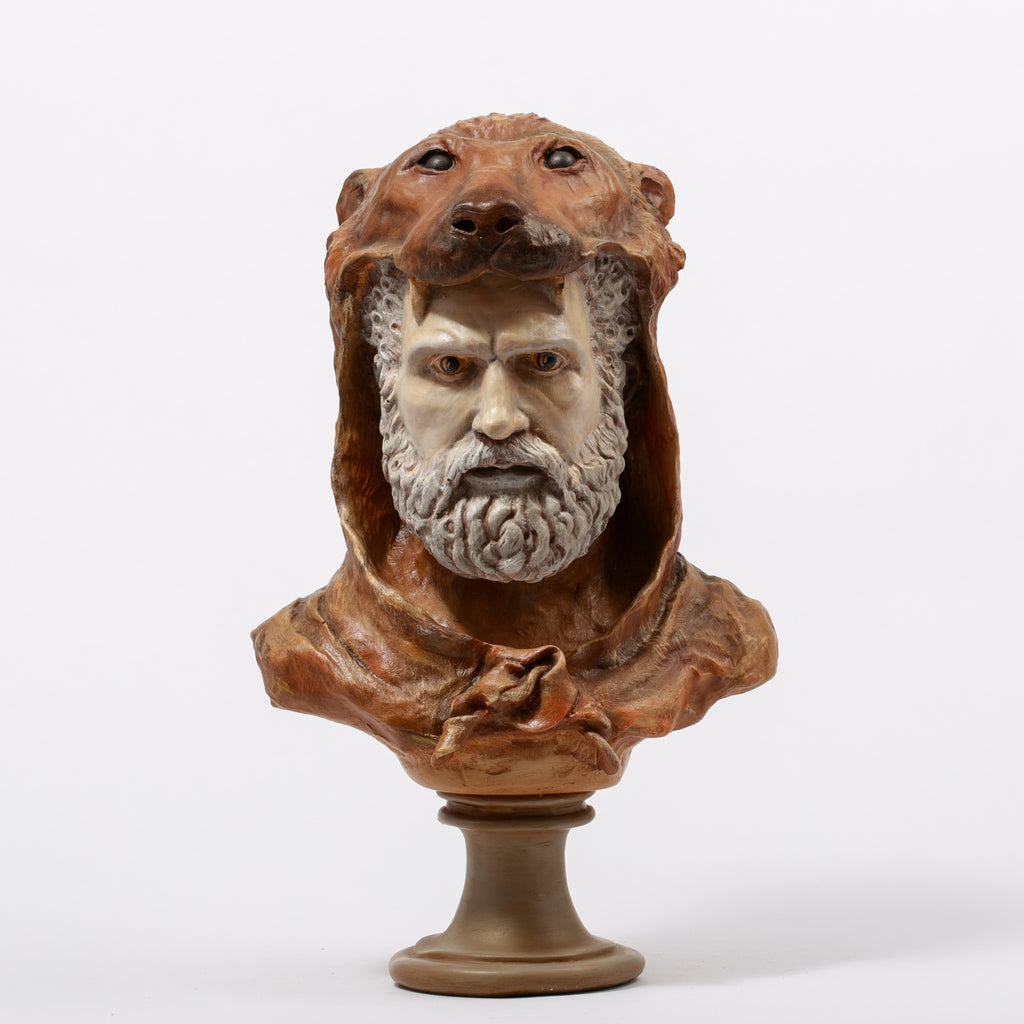 Nemea Aslanı Postlu Herkül Büstü (50x30 cm) – Antika Görünümlü Polyester Heykel