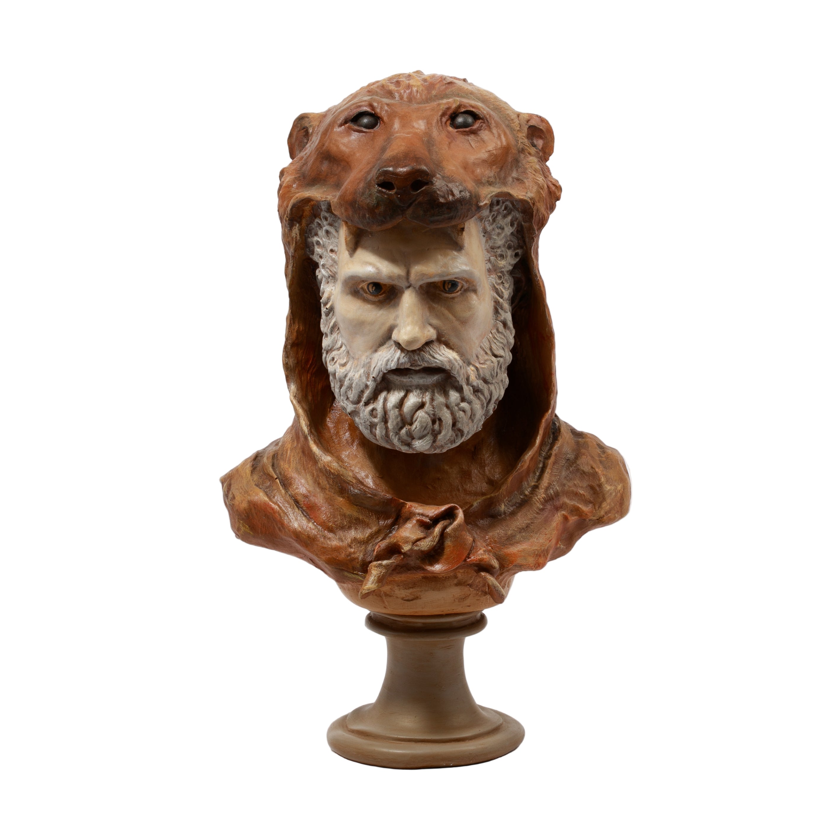 Nemea Aslanı Postlu Herkül Büstü (50x30 cm) – Antika Görünümlü Polyester Heykel