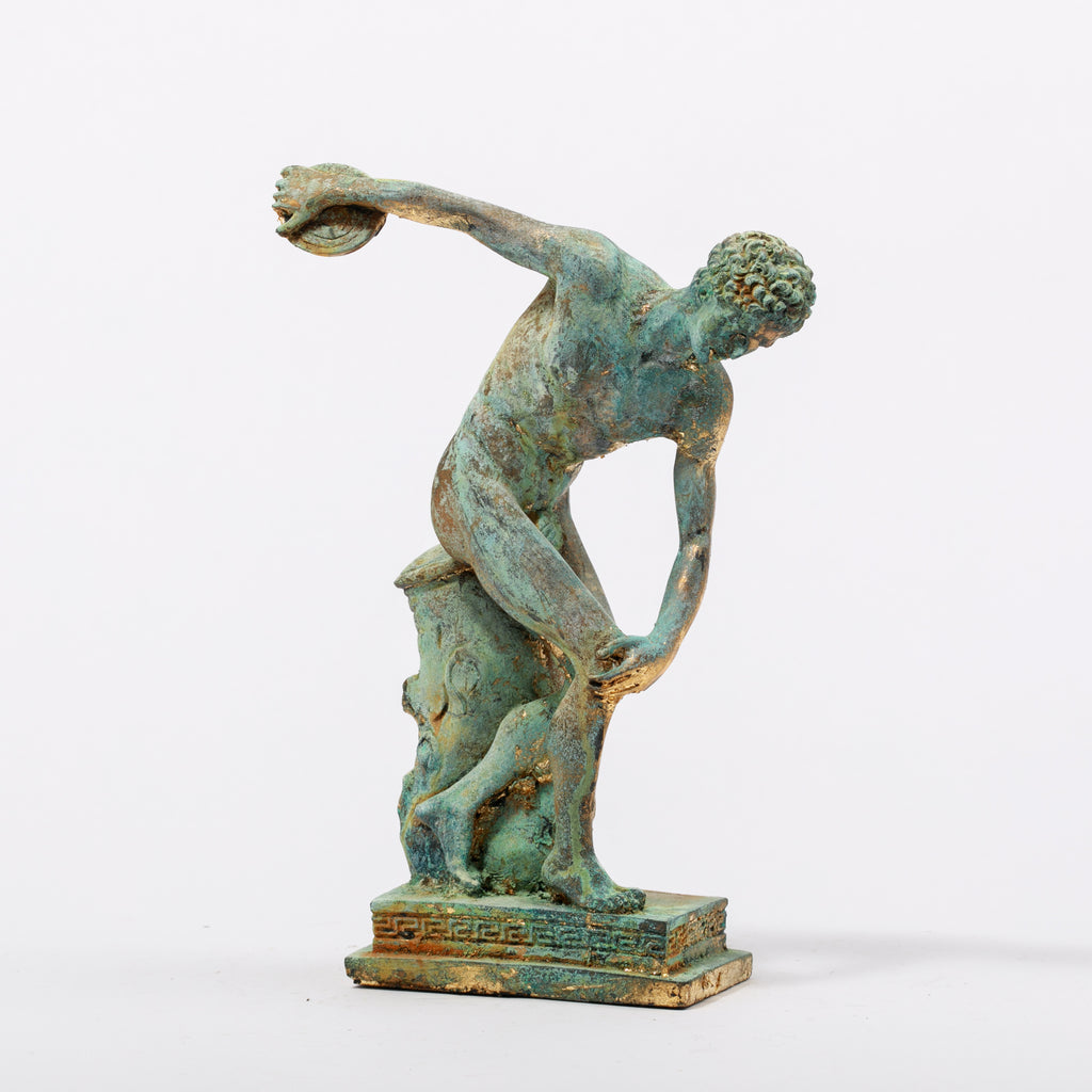 Antik Yunan Disk Atıcı El Yapımı Bronz Patina Heykel