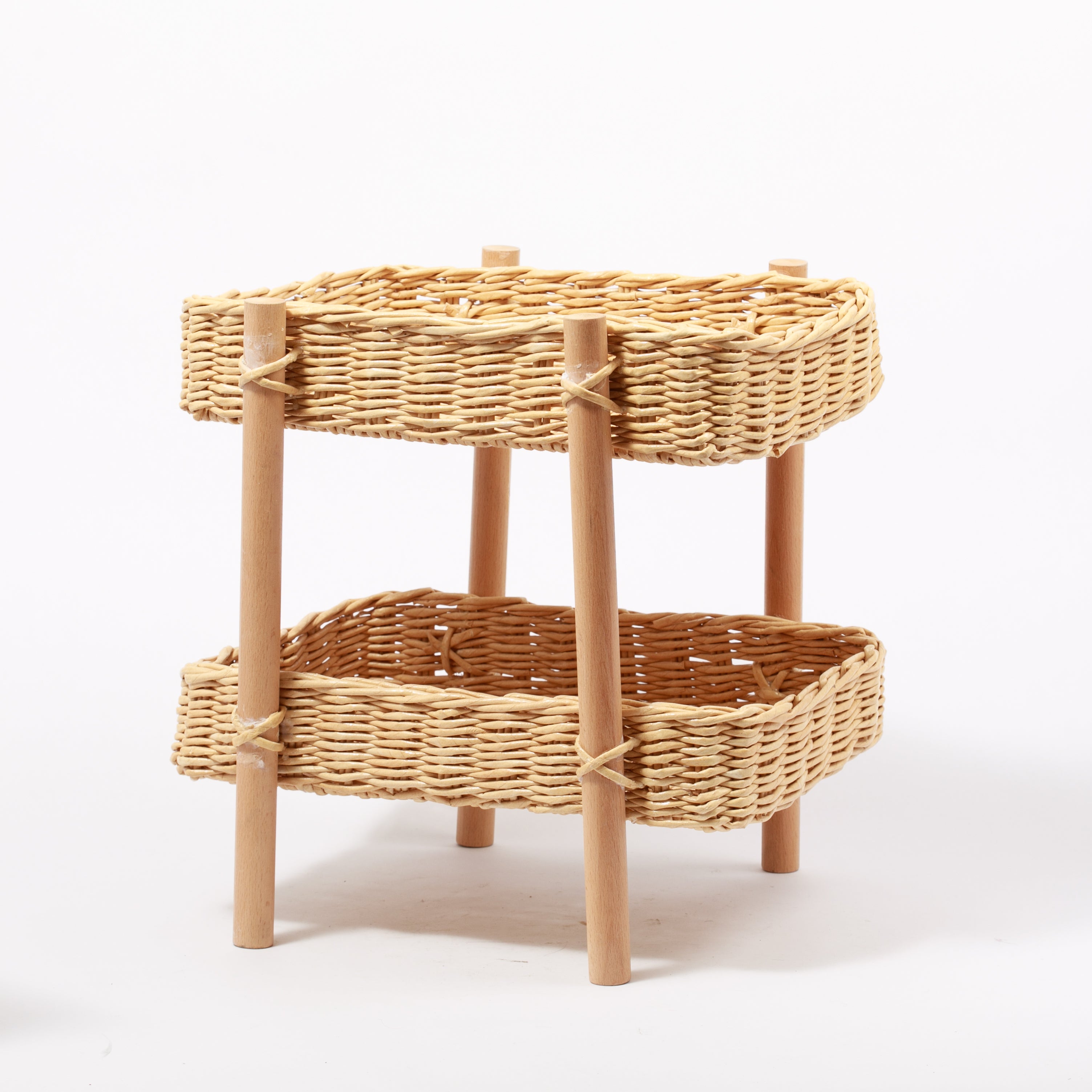 El Yapımı Kare İki Katlı Ahşap Ayaklı Hasır Raf