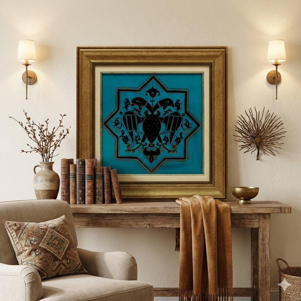 Çift Başlı Selçuklu Kartalı Çini Pano (40x40 cm) – Eskitme Altın Çerçeveli Duvar Dekoru