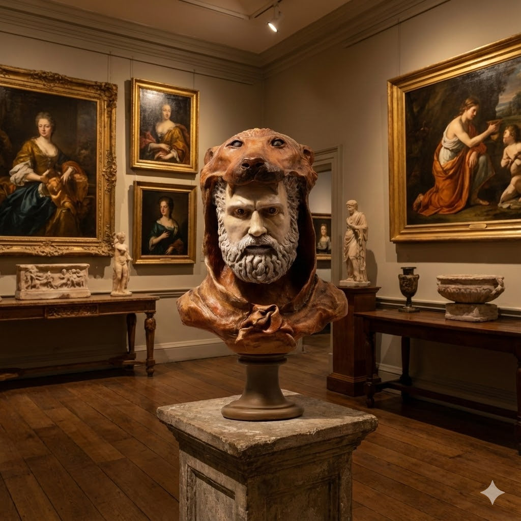 Nemea Aslanı Postlu Herkül Büstü (50x30 cm) – Antika Görünümlü Polyester Heykel