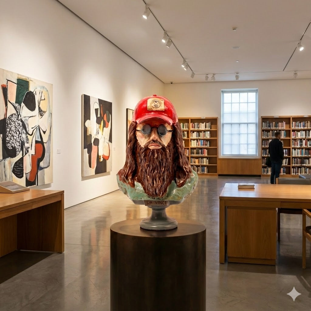 Modern Da Vinci Büstü – Kırmızı Şapkalı ve Gözlüklü Pop Art Heykel